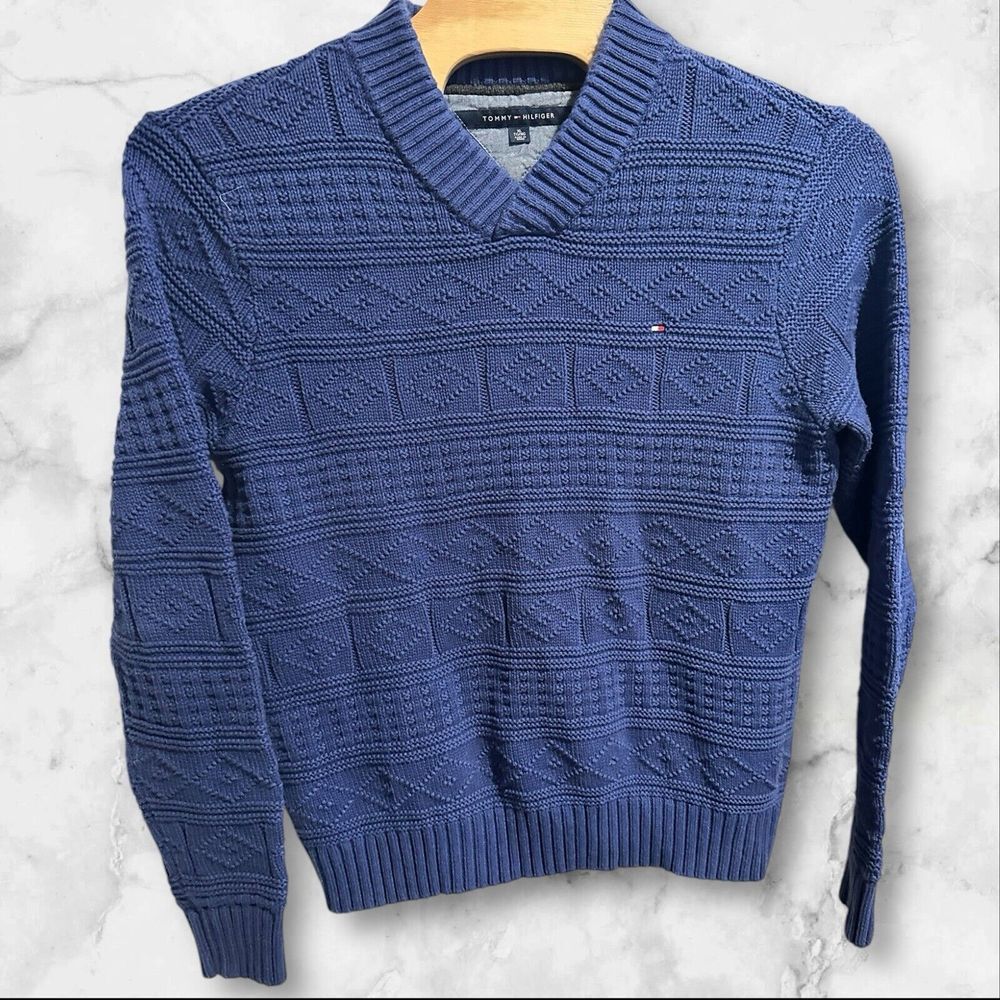 Tommy Hilfiger Jumper Mens XL Blue Cable Knit V Neck Sweatshirt Top